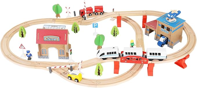 Wooden Train Set for Kids – City Railway Toy with Track, Station, Vehicles, Trees, Figures & Buildings – Compatible with Major Brands – Educational & Imaginative Play Set