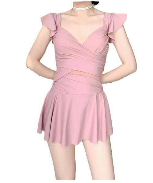 Elegant Pink Ruffle One-Piece Swimsuit Dress – Slimming & Stylish