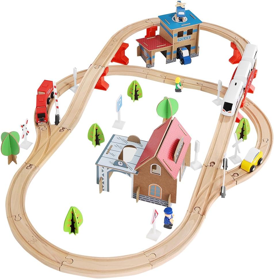 Wooden Train Set for Kids – City Railway Toy with Track, Station, Vehicles, Trees, Figures & Buildings – Compatible with Major Brands – Educational & Imaginative Play Set