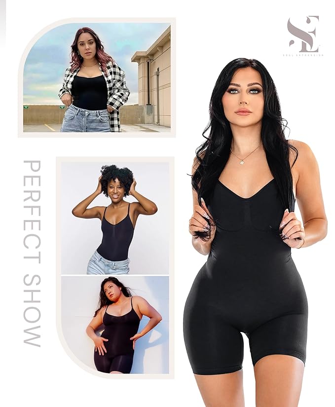 Curvear®️Mid Thigh Shapewear Bodysuit, Women's Shapewear Bodysuit with Adjustable Straps, Thigh Slimming Design