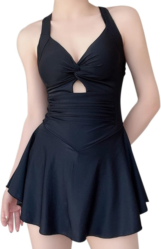 Women's Black One-Piece Swim Dress with Tummy Control – Elegant Skirted Swimsuit with Twist Front & Keyhole Detail – Modest Slimming Bathing Suit