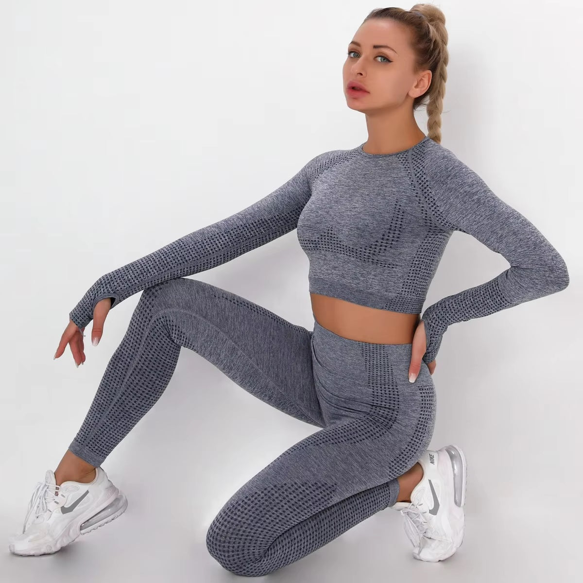 Curvear ®️Women Seamless Gym Set Long Sleeve Crop Top High Waist Tummy Control Sports Leggings Seamless Gym Clothing Sexy Girls Sports Suit