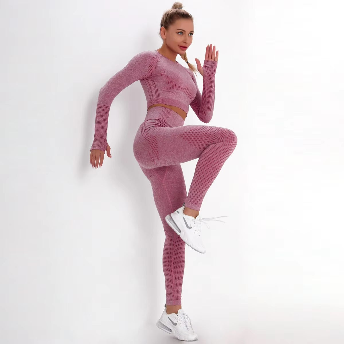 Curvear ®️Women Seamless Gym Set Long Sleeve Crop Top High Waist Tummy Control Sports Leggings Seamless Gym Clothing Sexy Girls Sports Suit