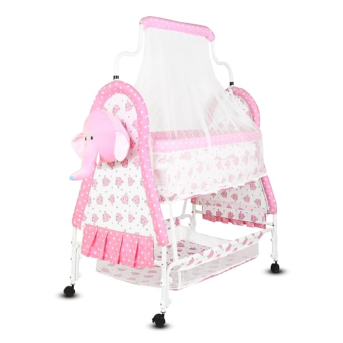 Portable Baby Cradle with Mosquito Net, Storage Basket & Wheels – Soft Cotton Fabric, Foldable Infant Sleeping Bed for Newborns, Breathable & Lightweight Baby Bassinet – Pink Elephant Design