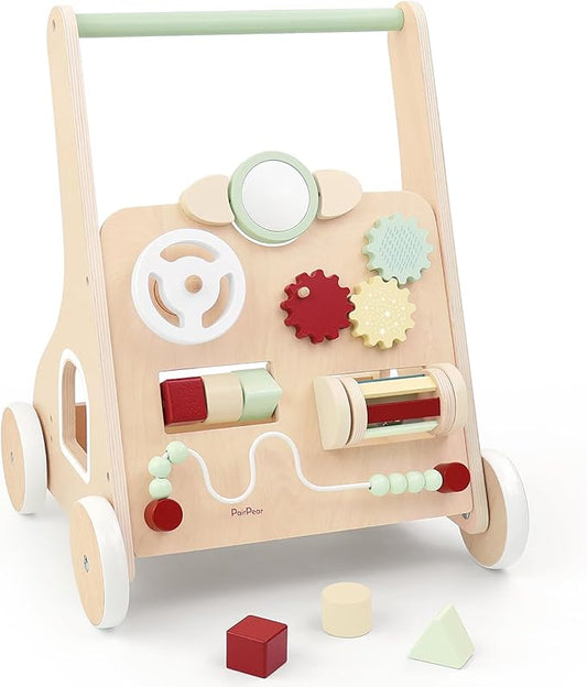 Wooden Baby Walker with Activity Center – Montessori Push Toy for Toddlers with Shape Sorter, Gears, Mirror & Bead Maze – Early Learning Toy for 12+ Months
