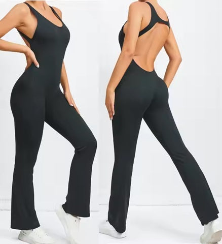 Curvear®️Lift the Buttocks Bodysuit Flare Pant Open Back Beauty Dress U Neck Built in Bra Sleeveless Gym Training Set Sport Yoga Jumpsuit