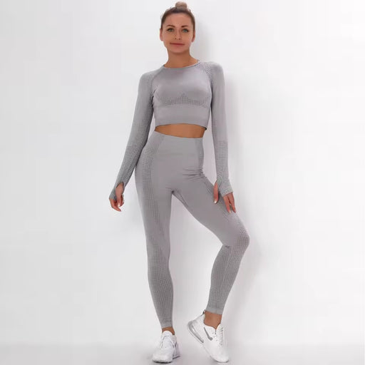 Curvear ®️Women Seamless Gym Set Long Sleeve Crop Top High Waist Tummy Control Sports Leggings Seamless Gym Clothing Sexy Girls Sports Suit