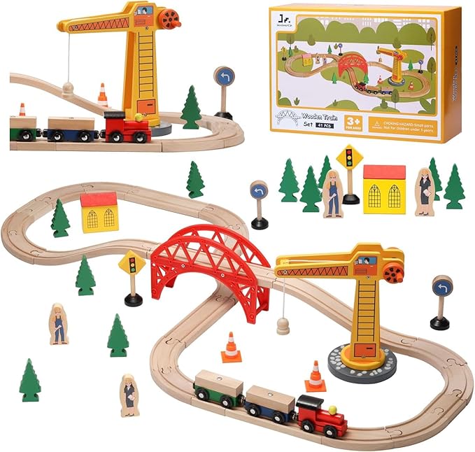 Wooden Train Set for Kids – City Railway Toy with Track, Station, Vehicles, Trees, Figures & Buildings – Compatible with Major Brands – Educational & Imaginative Play Set
