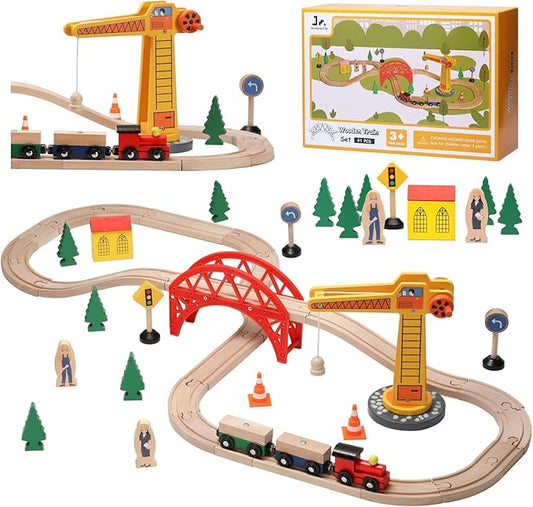 Wooden Train Set for Kids –  City Railway Toy with Track, Station, Vehicles, Trees, Figures & Buildings – Compatible with Major Brands – Educational & Imaginative Play Set