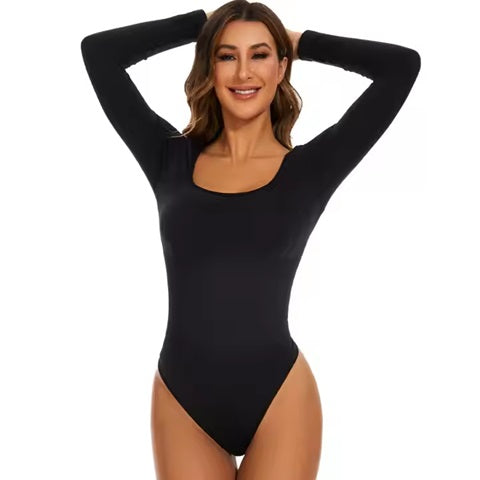 Curvear®️Women's Long Sleeve Bodysuit Shapewear Slim Fit Elastic Square Neck Leotard Overalls Tops "