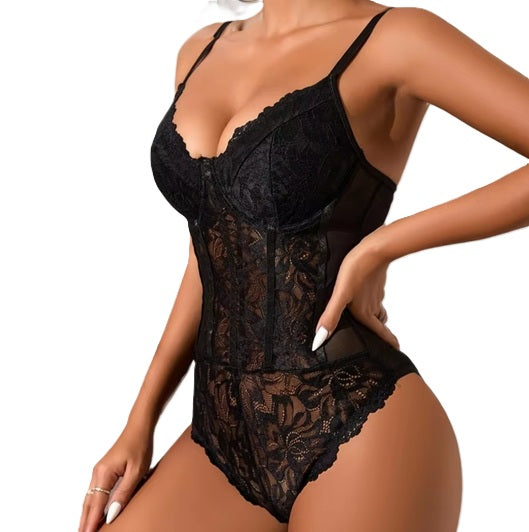 Women's Black Lace Bodysuit Lingerie – Sheer Floral Teddy with Underwire Support, Adjustable Straps – Sexy One-Piece for Bedroom & Special Occasions
