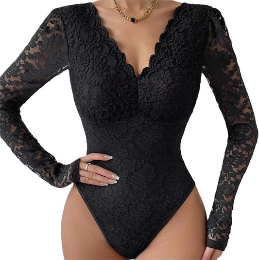 Sexy Women's Lace Long Sleeve Bodysuit – V-Neck Sheer Floral One-Piece Lingerie, Stretchy Slim Fit for Party, Date Night, or Layered Fashion Outfits