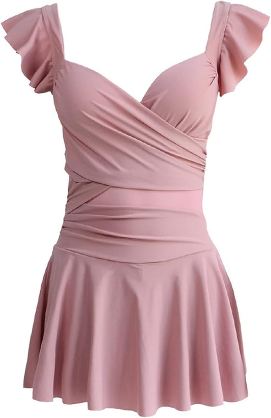 Elegant Pink Ruffle One-Piece Swimsuit Dress – Slimming & Stylish