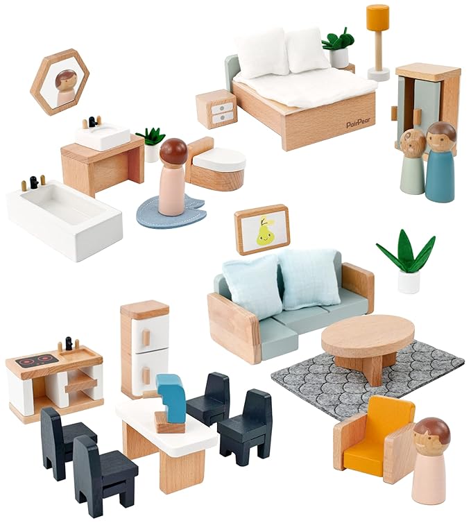 Wooden Dollhouse Furniture Miniature Toy Furniture with Family Dolls for Kids, Pretend Play Room Décor for Bedroom, Kitchen, Bathroom & Living Room