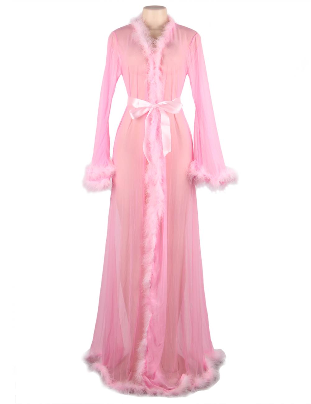 Women's Sexy Sheer Lingerie Robe with Satin Belt & Feather Trim – Long Transparent Nightwear Gown for Honeymoon, Bridal, Boudoir & Romantic Nights – Black Mesh Sleepwear