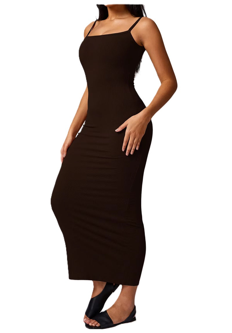 Women's Ribbed Knit Bodycon Maxi Dress - Sleeveless Square Neck Stretchy Tank Dress for Summer, Casual, Party, Beach, or Daily Wear
