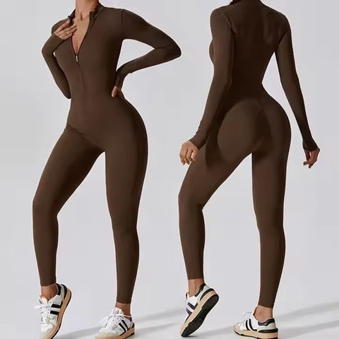 Curvear®️Women Workout Yoga Jumpsuit Zip Up Romper Bottom Pants Long Sleeve Bodysuit Bodycon One Piece Jumpsuits