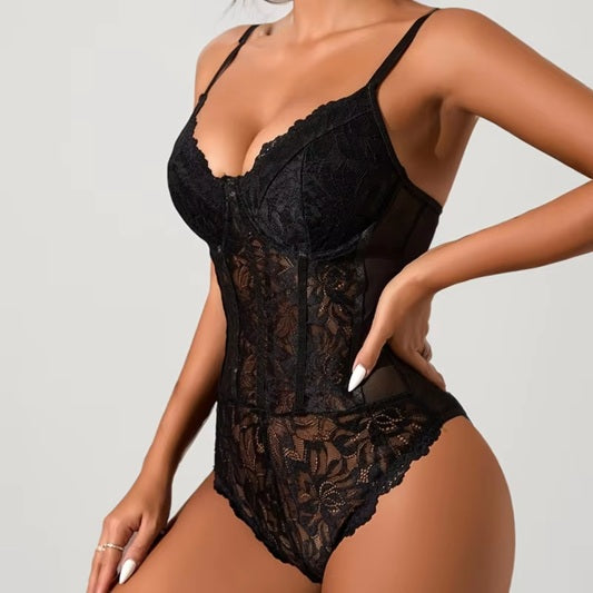 Women's Black Lace Bodysuit Lingerie – Sheer Floral Teddy with Underwire Support, Adjustable Straps – Sexy One-Piece for Bedroom & Special Occasions