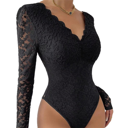Sexy Women's Lace Long Sleeve Bodysuit – V-Neck Sheer Floral One-Piece Lingerie, Stretchy Slim Fit for Party, Date Night, or Layered Fashion Outfits