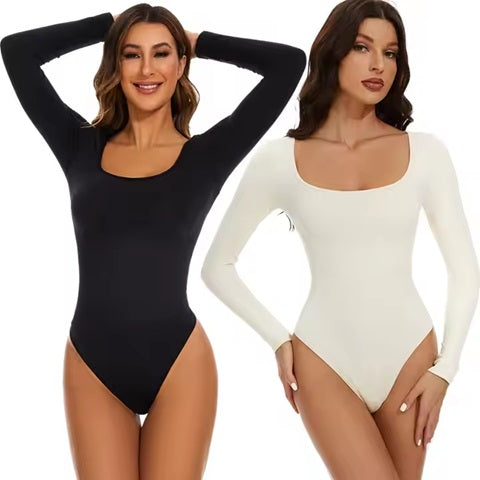 Curvear®️Women's Long Sleeve Bodysuit Shapewear Slim Fit Elastic Square Neck Leotard Overalls Tops "