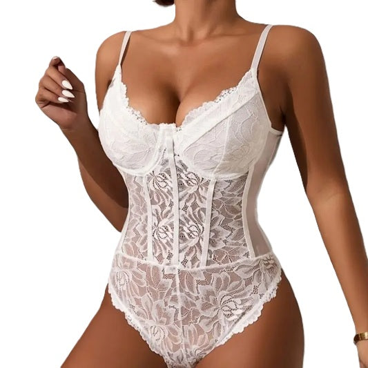 Women's Black Lace Bodysuit Lingerie – Sheer Floral Teddy with Underwire Support, Adjustable Straps – Sexy One-Piece for Bedroom & Special Occasions