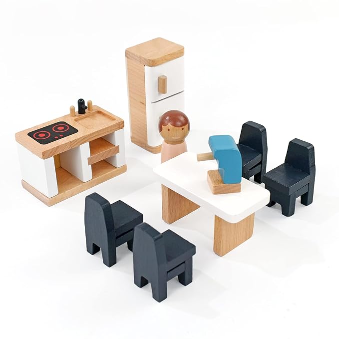Wooden Dollhouse Furniture Miniature Toy Furniture with Family Dolls for Kids, Pretend Play Room Décor for Bedroom, Kitchen, Bathroom & Living Room