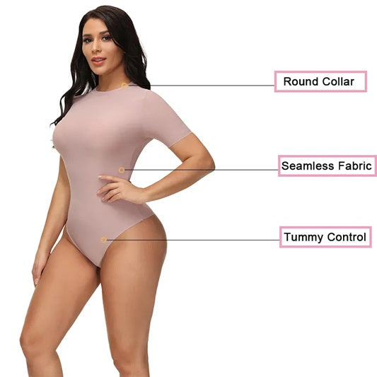 Curvear®️Thong Shapewear Bodysuit Women's Round Neck Short Sleeve T Shirts Basic Bodysuits Tummy Control Seamless Shapewear