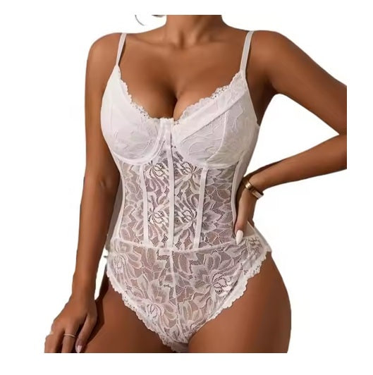 Women's Black Lace Bodysuit Lingerie – Sheer Floral Teddy with Underwire Support, Adjustable Straps – Sexy One-Piece for Bedroom & Special Occasions