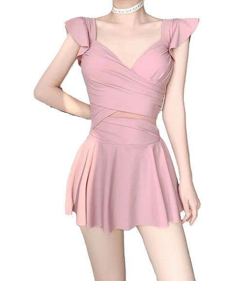 Elegant Pink Ruffle One-Piece Swimsuit Dress – Slimming & Stylish