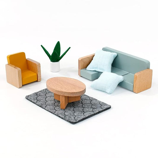 Wooden Dollhouse Furniture  Miniature Toy Furniture with Family Dolls for Kids, Pretend Play Room Décor for Bedroom, Kitchen, Bathroom & Living Room