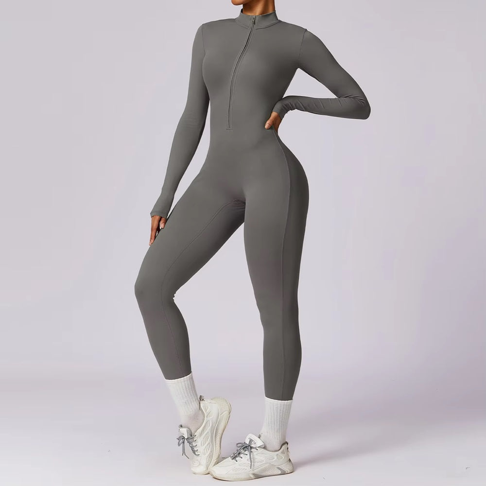 Curvear®️Women Workout Yoga Jumpsuit Zip Up Romper Bottom Pants Long Sleeve Bodysuit Bodycon One Piece Jumpsuits