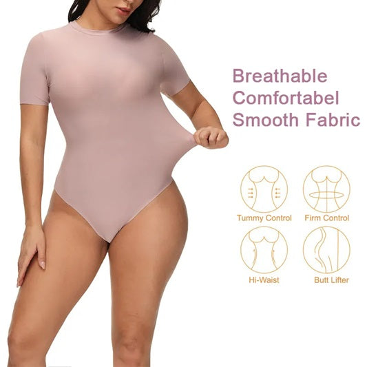 Curvear®️Thong Shapewear Bodysuit Women's Round Neck Short Sleeve T Shirts Basic Bodysuits Tummy Control Seamless Shapewear