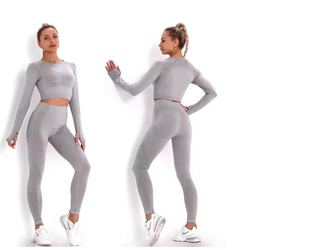 Curvear ®️Women Seamless Gym Set Long Sleeve Crop Top High Waist Tummy Control Sports Leggings Seamless Gym Clothing Sexy Girls Sports Suit