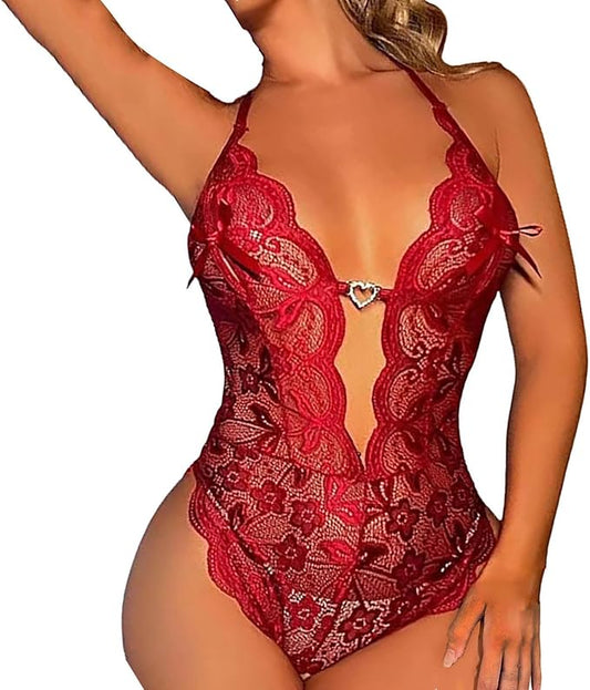 Curvear®️Women One Piece Lingerie Deep V Teddy Sexy Lace Bodysuit Snap Crotch Baby doll Lingerie for Women Naughty Outfits