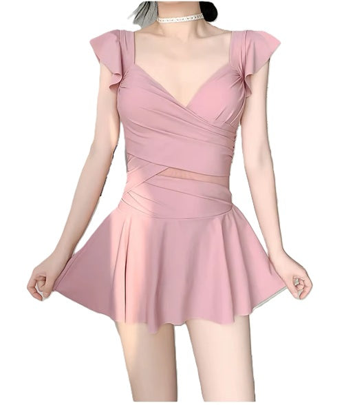Elegant Pink Ruffle One-Piece Swimsuit Dress – Slimming & Stylish