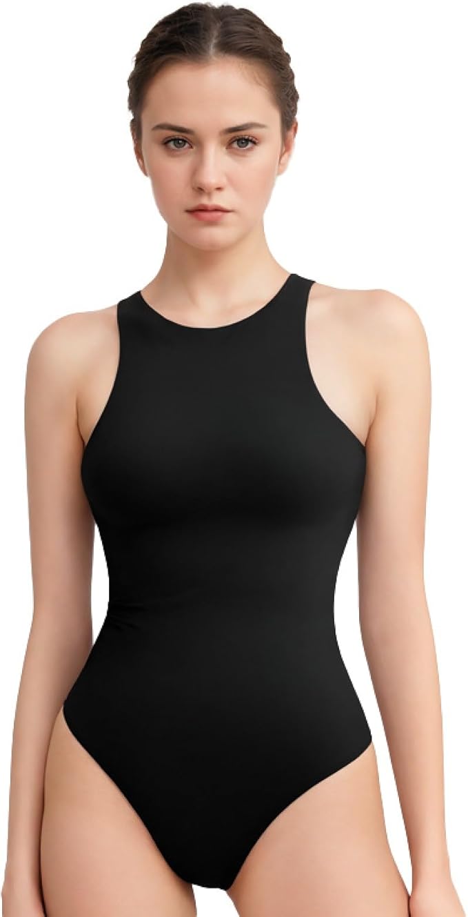 Curvear®️Women's Tummy Control Shapewear Bodysuit High Neck Seamless Body Shaper Sleeveless Racerback T-Back Thong Shaper Snap Open Crotch