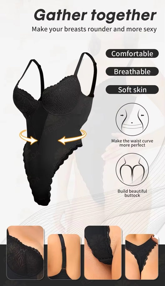 Curvear®️Body Suit Shapewear Camisole Jumpsuit Shaper Body Shaping Butt Part Seamless U Plunge Deep V Sexy Lace Backless Bodysuit