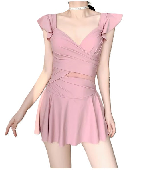 Elegant Pink Ruffle One-Piece Swimsuit Dress – Slimming & Stylish