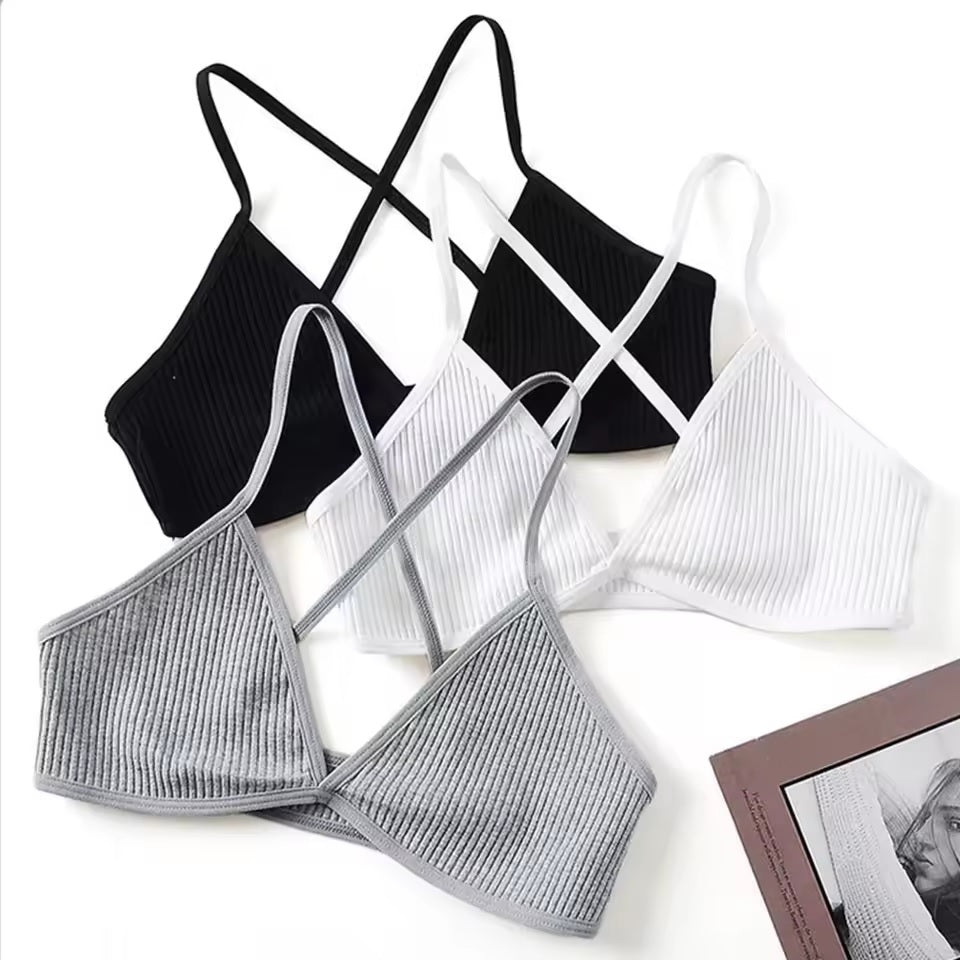 Curvear Comfort Cotton Sports Bra for Women - Thin Style Bralette, Sexy Deep V Triangle Cup, Cross Tank Top for Yoga & Gym 3 Pack