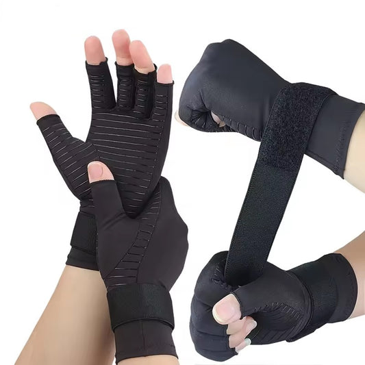 Curvear Fingerless Compression Gloves for Arthritis, Adjustable Wrist Strap, Copper, Men and Women, Oto, 1 Pair