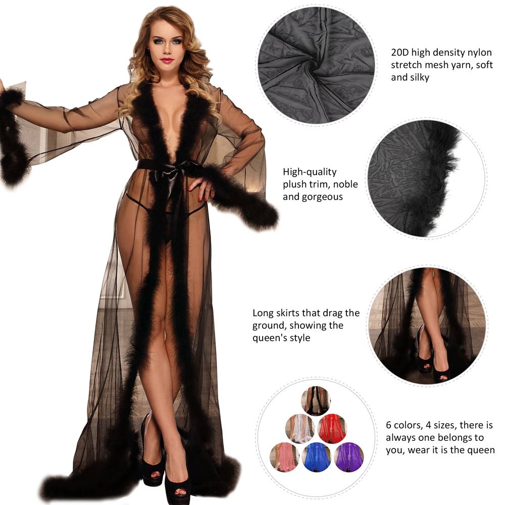 Women's Sexy Sheer Lingerie Robe with Satin Belt & Feather Trim – Long Transparent Nightwear Gown for Honeymoon, Bridal, Boudoir & Romantic Nights – Black Mesh Sleepwear