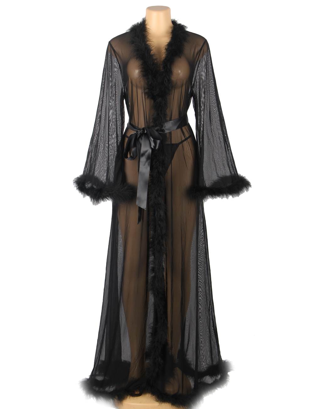 Women's Sexy Sheer Lingerie Robe with Satin Belt & Feather Trim – Long Transparent Nightwear Gown for Honeymoon, Bridal, Boudoir & Romantic Nights – Black Mesh Sleepwear