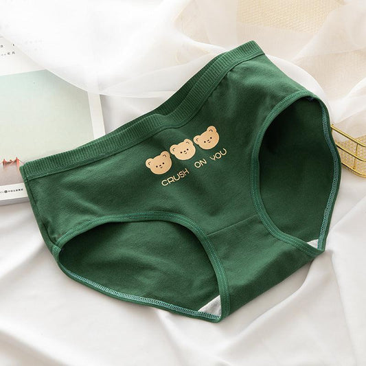 Curvear teenage Girls Panties Japanese Style Cute Bear Pattern Green Cotton Crotch Briefs Mid-rise Cartoon Student Underpants