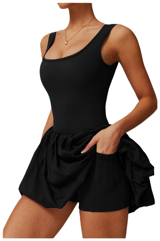 Women's Black One-Piece Activewear Dress with Built-in Shorts – Lightweight, Stretchable, Quick-Dry Tennis & Workout Dress with Pocket – Sleeveless Gym & Yoga Outfit