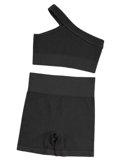 Curvear Women's Sexy 2 Pcs Yoga Set One Shoulder Sports Bra with Ribbed Shorts Leggings