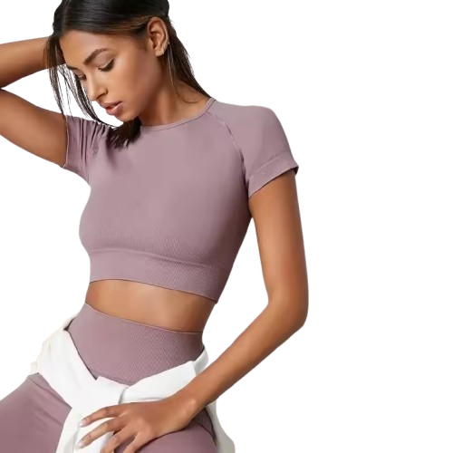 Curvear Women Workout Crop Top Seamless Shirt Athletic Half Sleeve Fitness Tight Tee