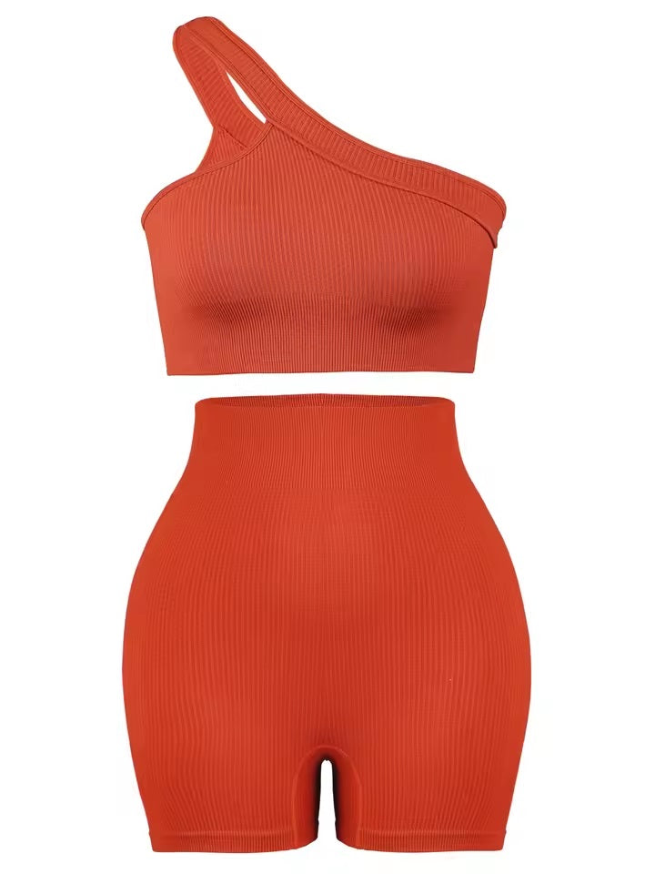Curvear Women's Sexy 2 Pcs Yoga Set One Shoulder Sports Bra with Ribbed Shorts Leggings