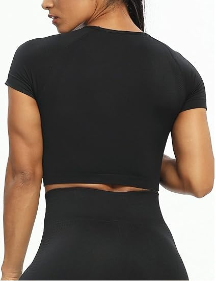 Curvear Women Workout Crop Top Seamless Shirt Athletic Half Sleeve Fitness Tight Tee