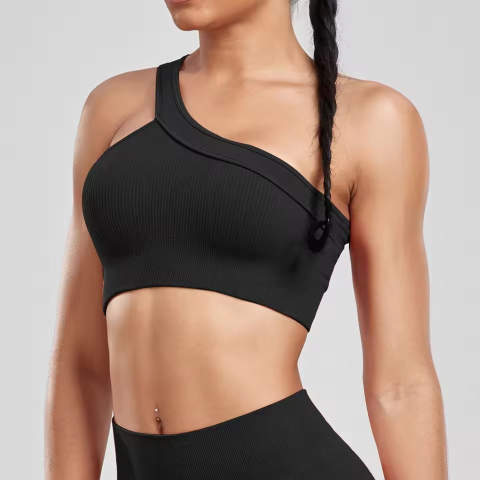 Curvear Women's Sexy 2 Pcs Yoga Set One Shoulder Sports Bra with Ribbed Shorts Leggings