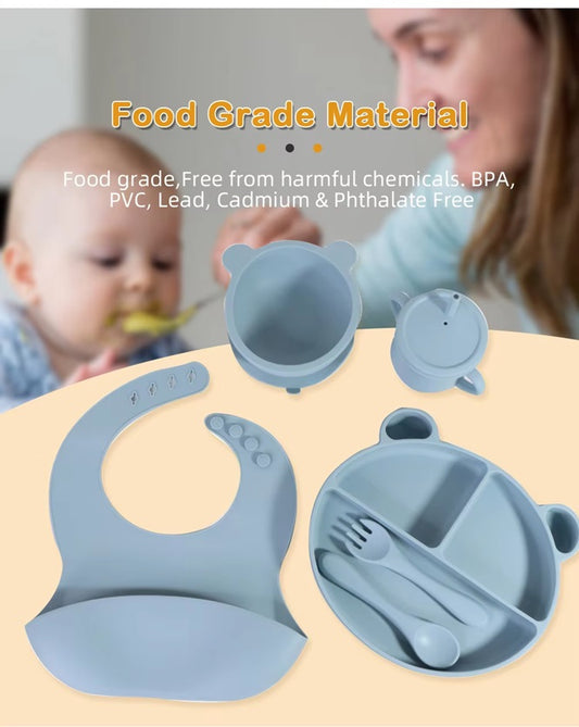 Curvear New Arrivals Kitchen Baby Accessories Set 6 pcs Dinner Plate Bowl And Spoon BPA Free Silicone Weaning Baby Feeding Set.